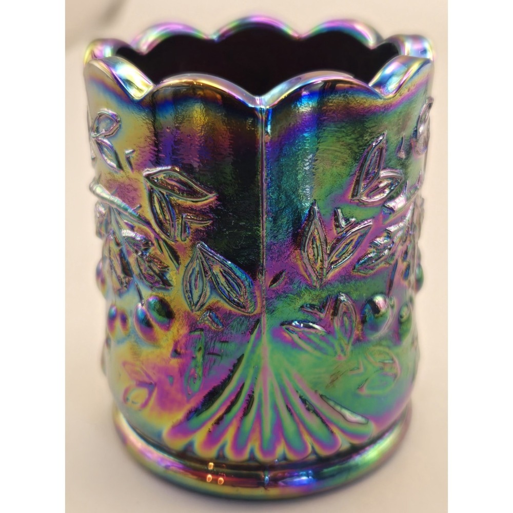 Vintage Toothpick Holder 1971 St Clair Carnival Glass Cherry Cobalt Iridescent